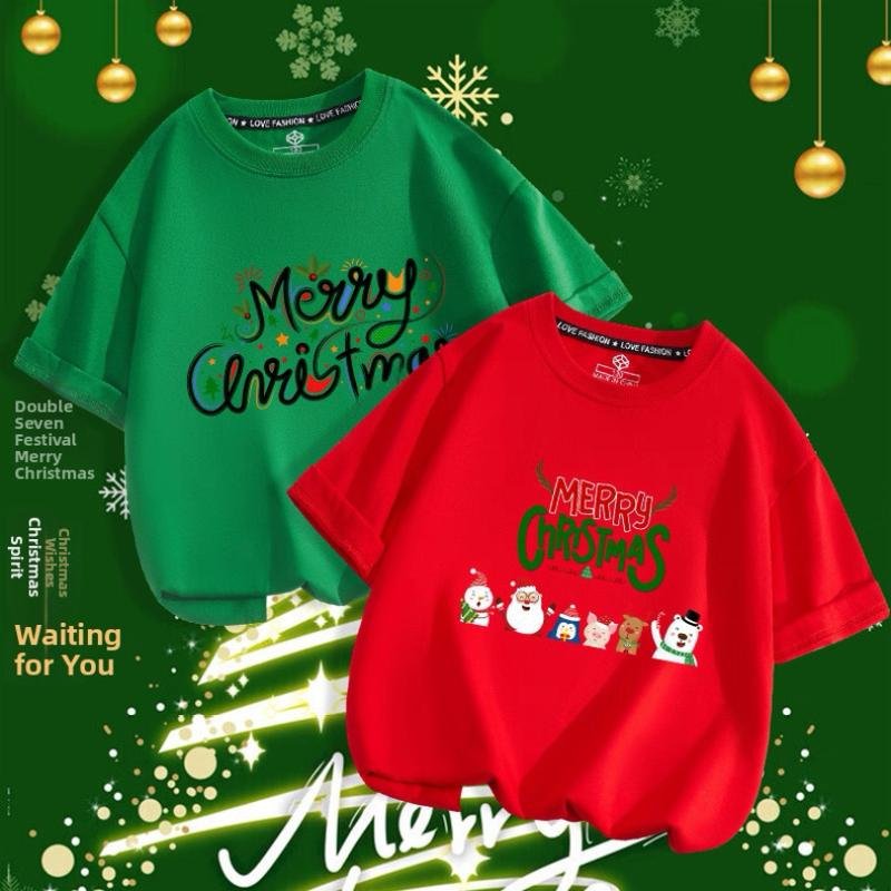 Parent-Child Outfit, Pure Cotton Short-Sleeved T-Shirt, Red, Suitable for New Year/Christmas