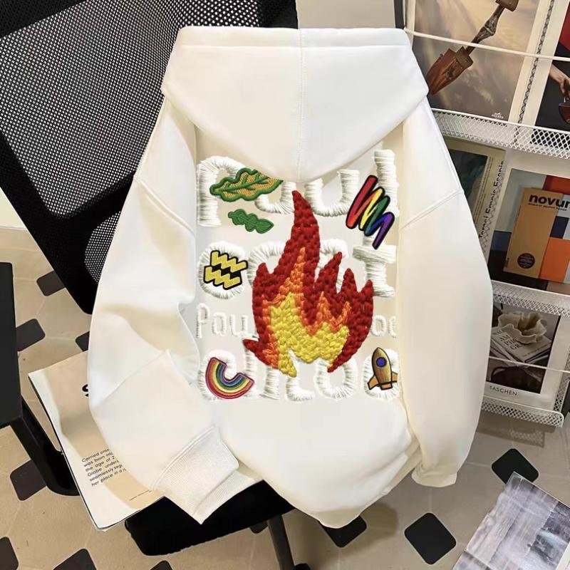 American-Style Trendy Hooded Sweatshirt for Autumn and Winter, Fleece-Lined and Thickened, Trendy Brand with Faux Embroidery Flame Print, Couple's Unisex Top