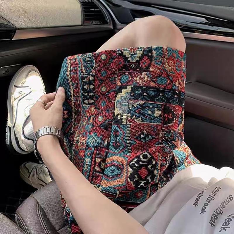 Ethnic Style Woven Shorts for Men, Summer Printed Design, Five-Point Pants, Vintage Casual Beach Shorts