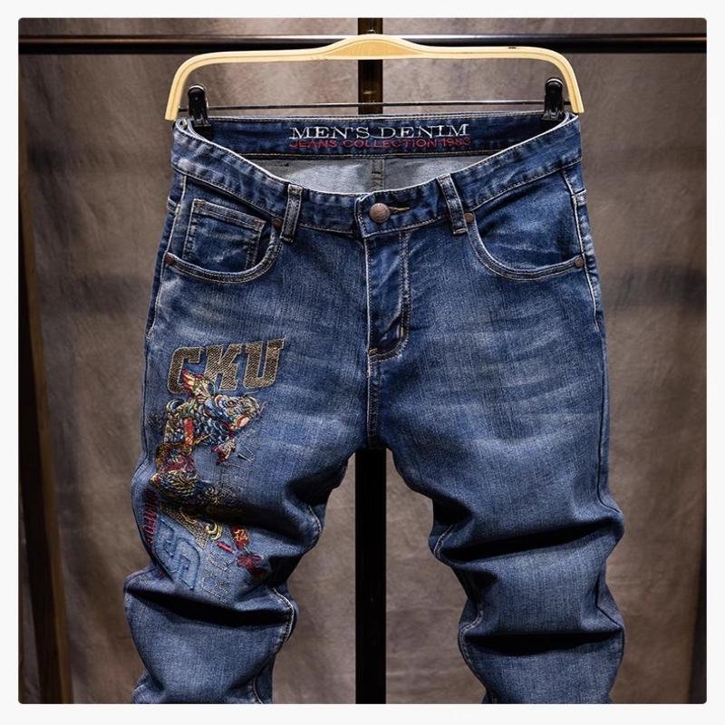 Fashionable Versatile Embroidered Trendy Stretch Jeans for Men, Straight Slim Fit, Large Size Embroidered Long Pants, 2025 Spring and Autumn Style