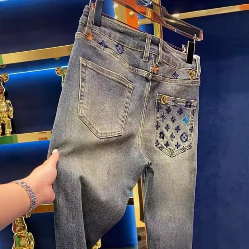 High-End European Embroidered Jeans for Men, 2025 Spring New Trendy Brand, Light Luxury, Slim Fit, Stretchy Cropped Pants