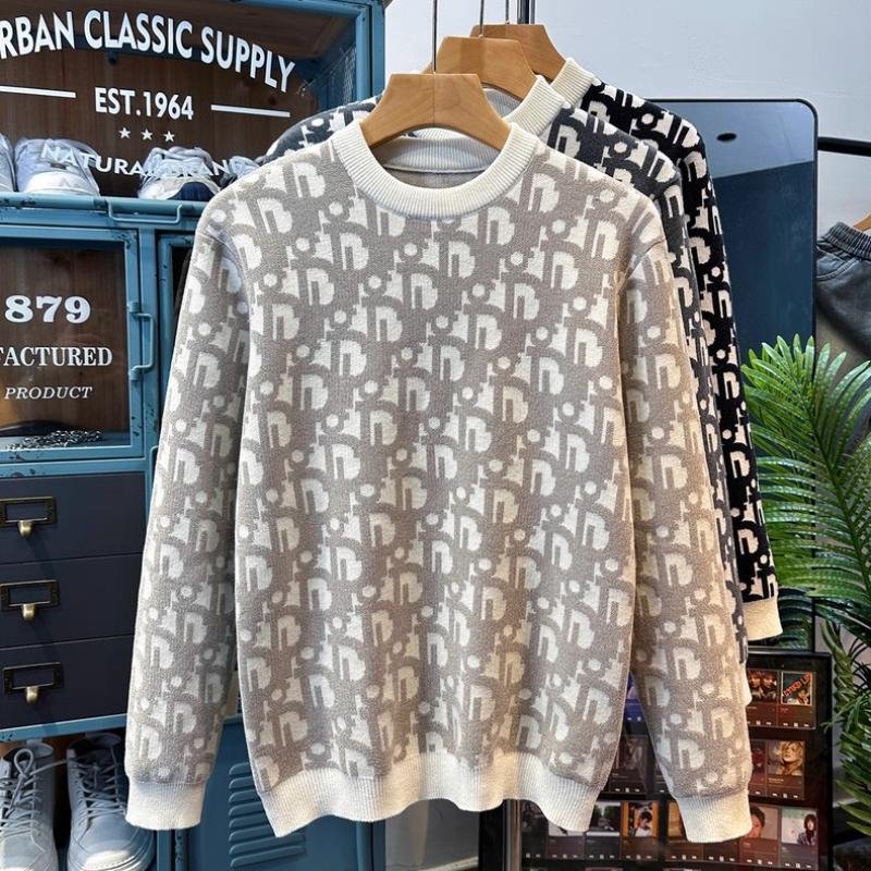 2025 Autumn/Winter Jacquard Sweater for Men, Long Sleeve Knitwear, Light Luxury Versatile European Style Base Shirt ins Top
