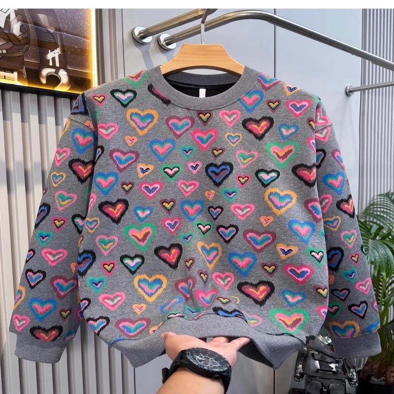 Autumn and Winter New Style Handsome Men's Clothing Colorful Heart Print Round Neck Fleece-Lined Sweatshirt Versatile Comfortable Pullover Top