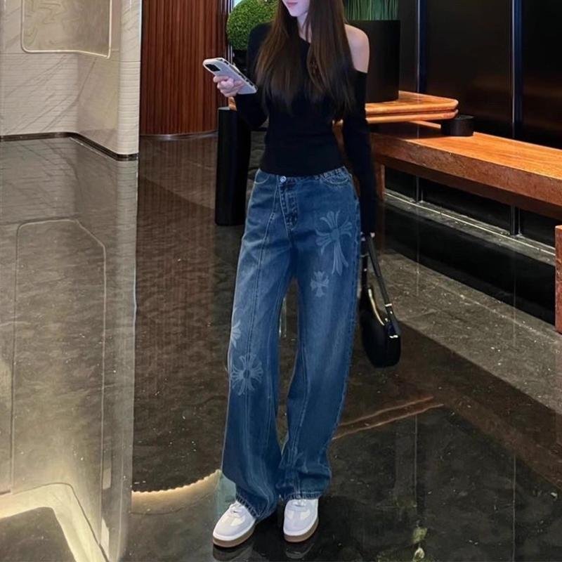 This Year's Popular Cross-Print Jeans for Women, New Autumn and Winter Style, Plus-Size Straight-Leg Wide-Leg Sickle Pants