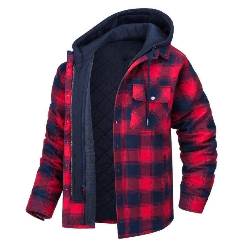 Men's Flannel Shirt Jacket With Removable Hood Plaid Quilted Lined Winter Coats Thick Hoodies Outwear Man Fleece Shirts