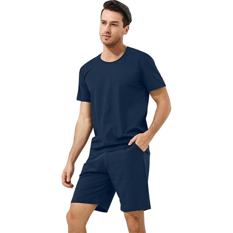 Men's Neck Thin Durable Eco-Friendly Modal Pajamas Casual Outer Wear Short Sleeve T-Shirt Set Comfortable