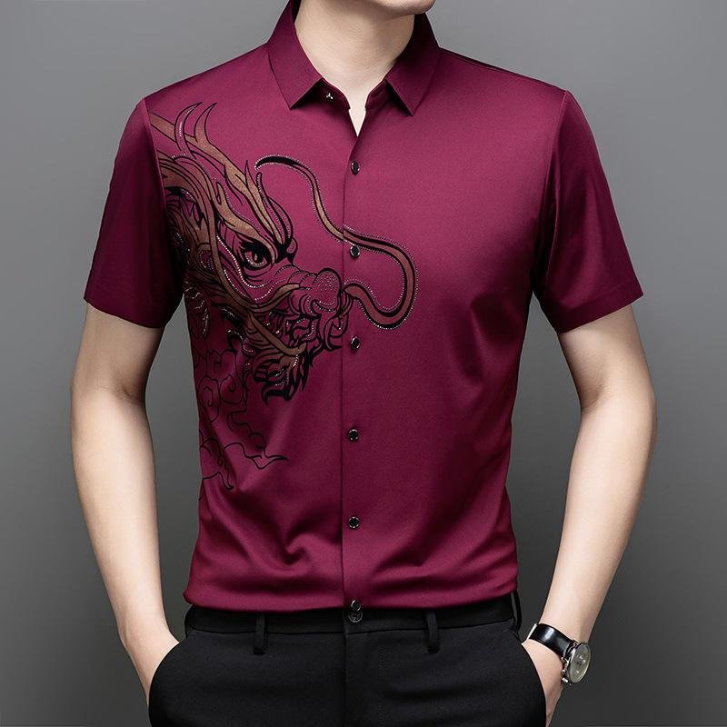 Dragon Year Chinese Style Summer Breathable Anti-Wrinkle Formal Square Collar Elastic Young Men's Short Sleeve Shirt