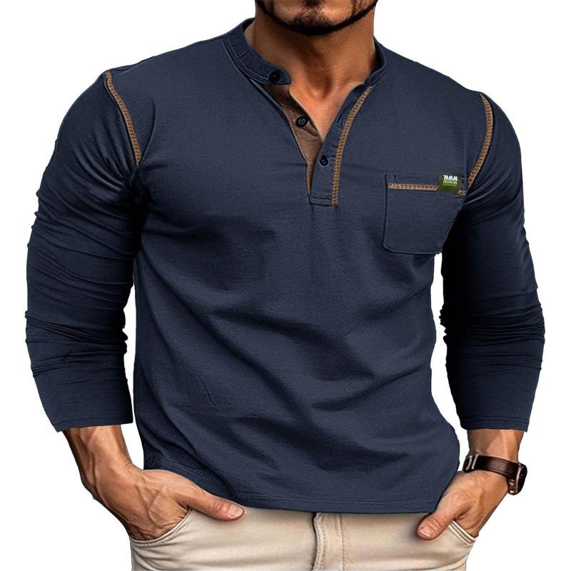Wholesale Custom Long Sleeve Men's Polo Shirts Casual Solid Pattern in Polyester Cotton Henley Collar Shirts