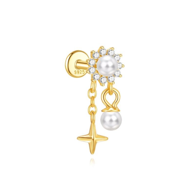 S925 Luxury Pearl Tassel Piercing Earring 18K Flower Star Shape Trendy Geometric Hoop Earrings Rhodium Plated