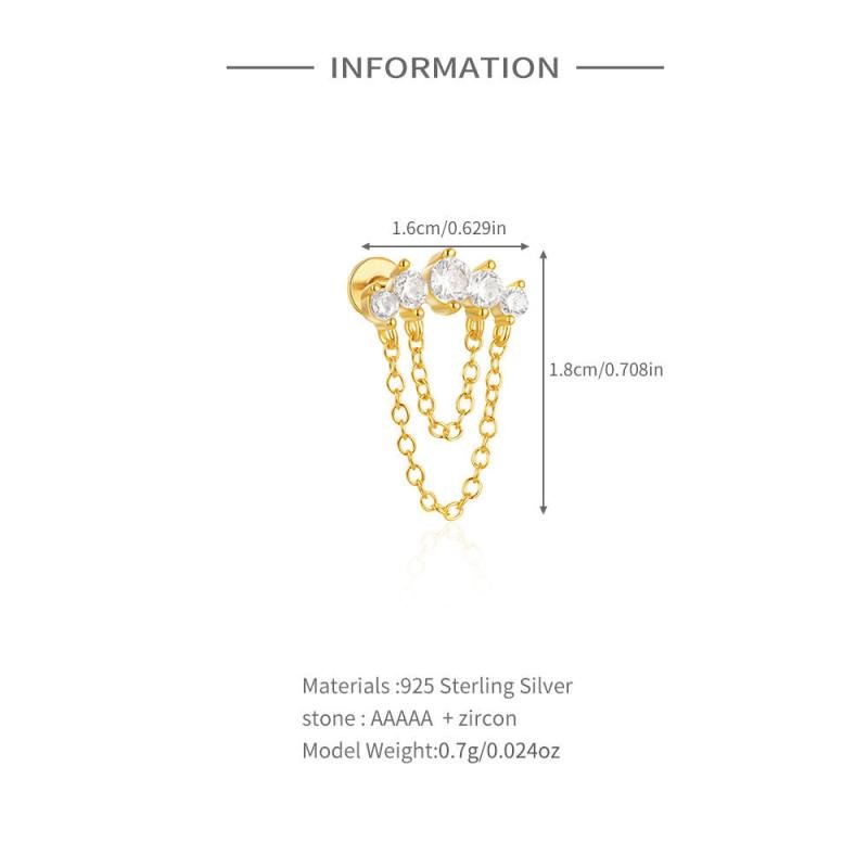 Single 925 Sterling Silver Tassel Chain Cartilage Zircon Flat Back Helix Piercing Earrings