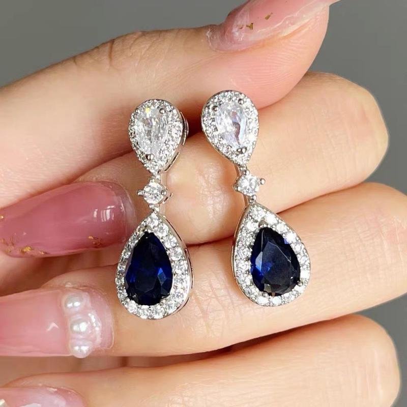 Wholesale Cross-border Hot Heavy Industry Earrings Europe United States Super Flash Royal Blue Zircon Copper Fashion High Oro