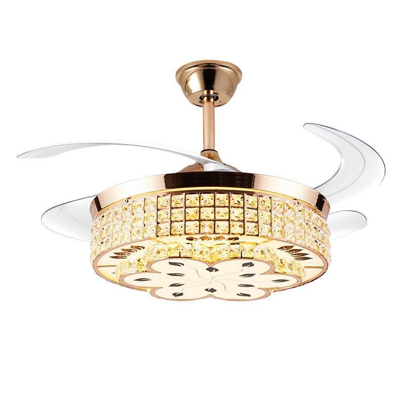 Luxury Modern Home Office Nordic Copper DC Motor Remote Control Golden Timing 6 Speed Retractable Crystal LED Dimmable Ceiling