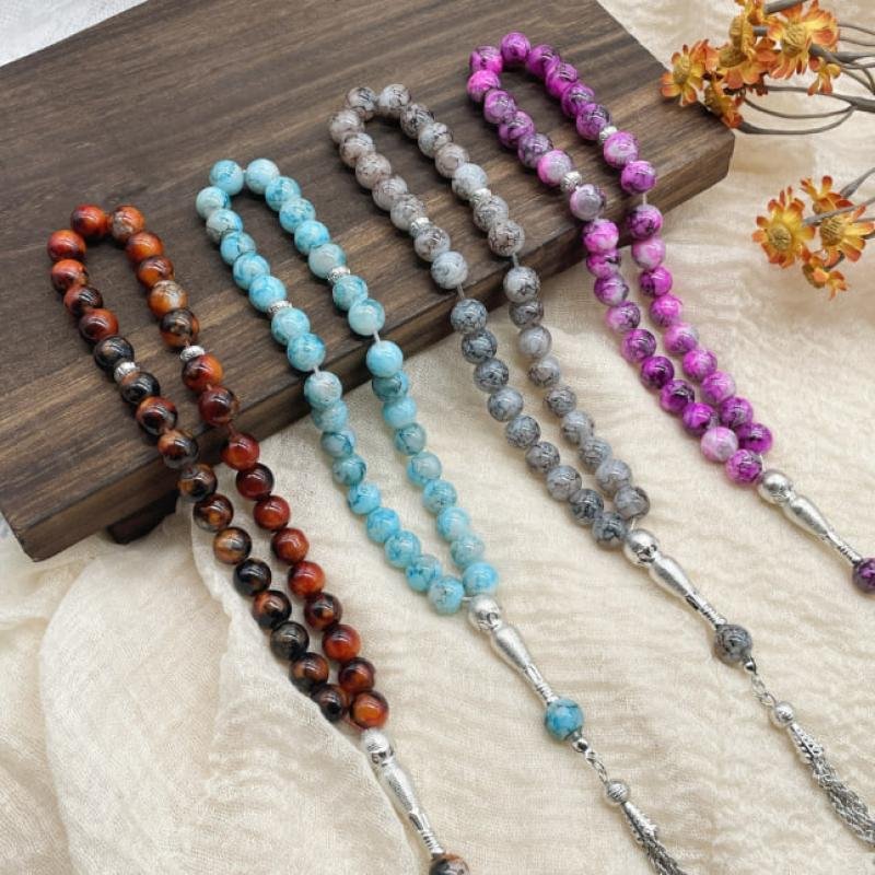 Hot Sell 10mm 33Pcs Large Flower Bead Muslim Rosary Chain Middle East Prayer Glass Beads Water Droplets Iron Tassel Bracelet