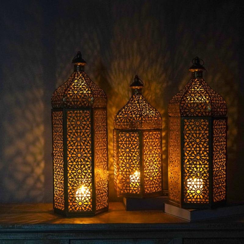 Muslim Eid Mubarak Party Decoration LED Light Retro Moroccan Ramadan Lantern Home Decoration Metal Candle