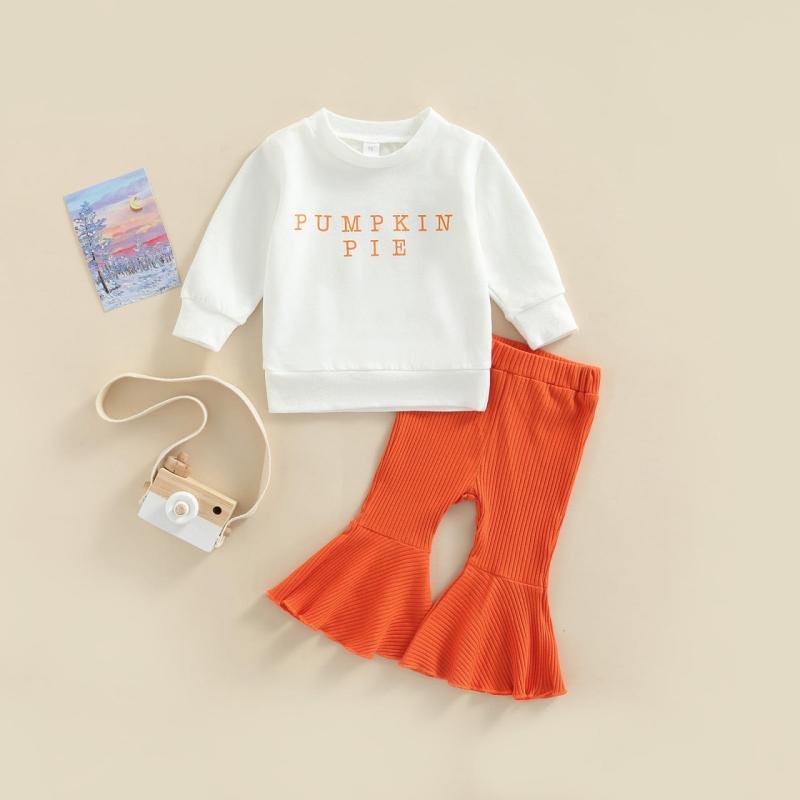 Halloween Kids Girls Outfit White Long Sleeve Orange Red Flared Pants Simple Printed Letter Pattern Soft Cotton Summer Autumn