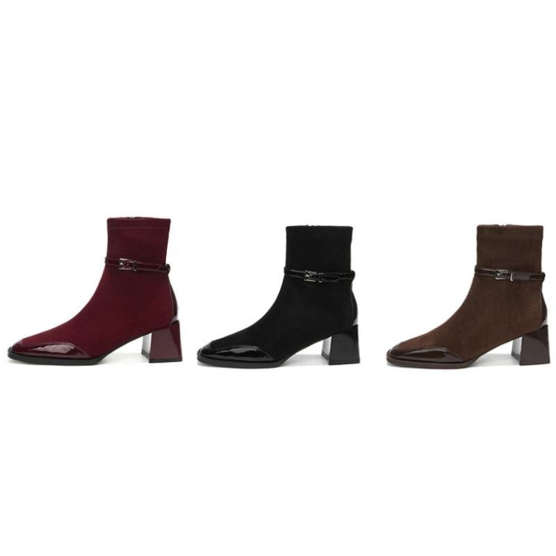 Women Ankle Boots Suede Patchwork Square Toe Chunky High Heel Boots Versatile Martin Boots with Side Zipper