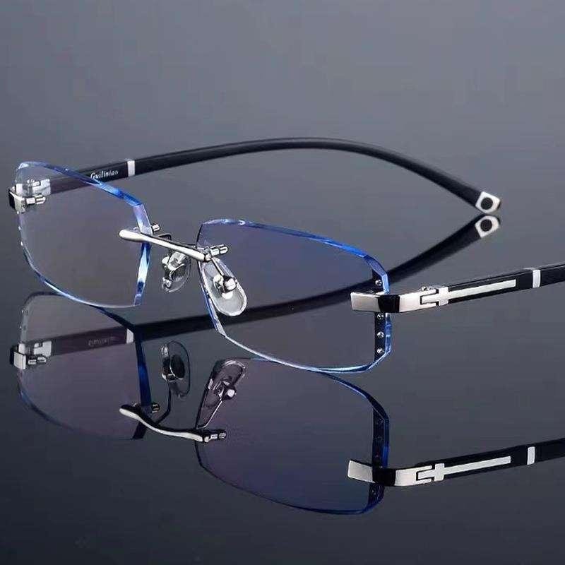 Diamond Cut Square Clear Lens Rimless Presbyopia Glasses Photochromic Anti-Blue Light Metal Frame Reading Glasses Wholesale