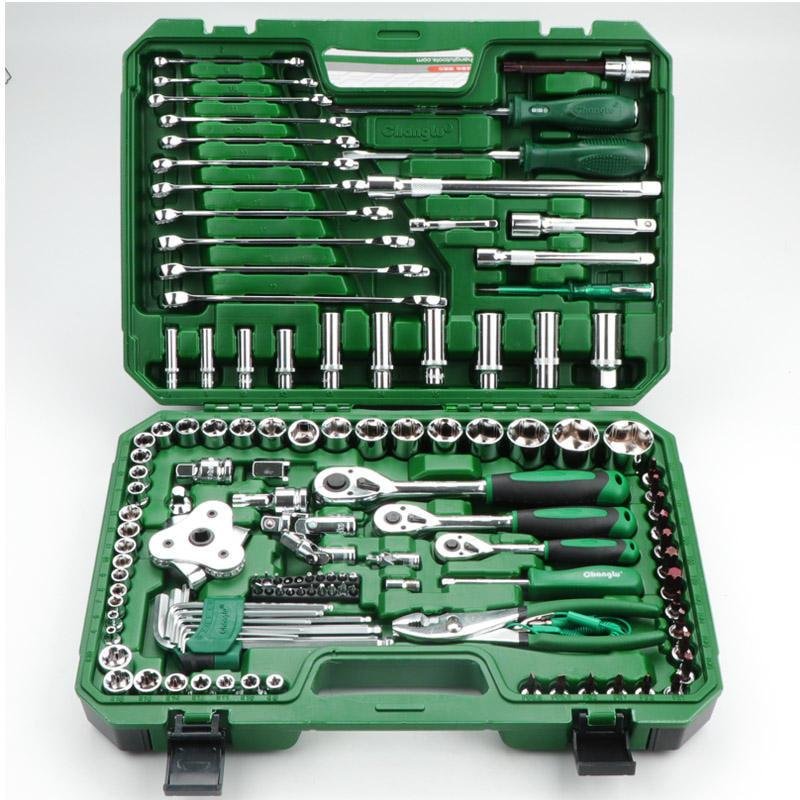 124pcs Cr-V Steel Manual Tool Kit Metric Ratchet Socket Wrench Automotive Mechanical Repairs Durable Tool Set Hard Case