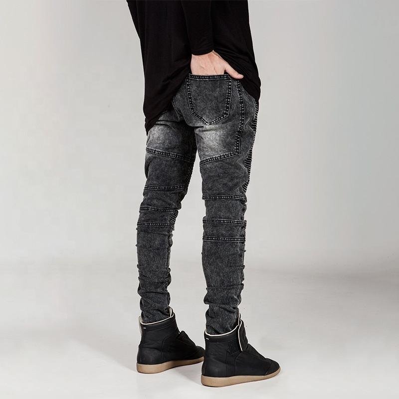 Mens Biker Jeans Pleated Skinny Moto Pants Scratch Front Zipper Trousers Motorcycle Clothes Hip Hop Clothing Denim Jeans