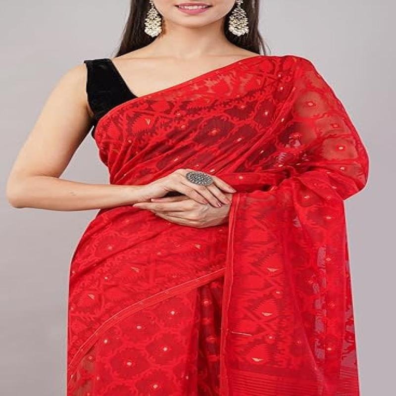 Dhakai Jamdani Saree for Women/Soft and Lightweight/Cotton Silk/Fall Attached