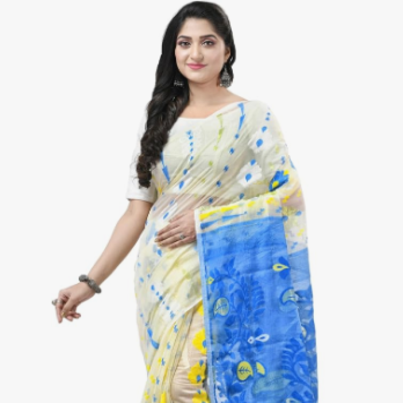 dB DESH BIDESH Women`s Resham Dhakai Jamdani Cotton Handloom Saree Aam Kolka Design Jamdani Saree 5.5 Mtr