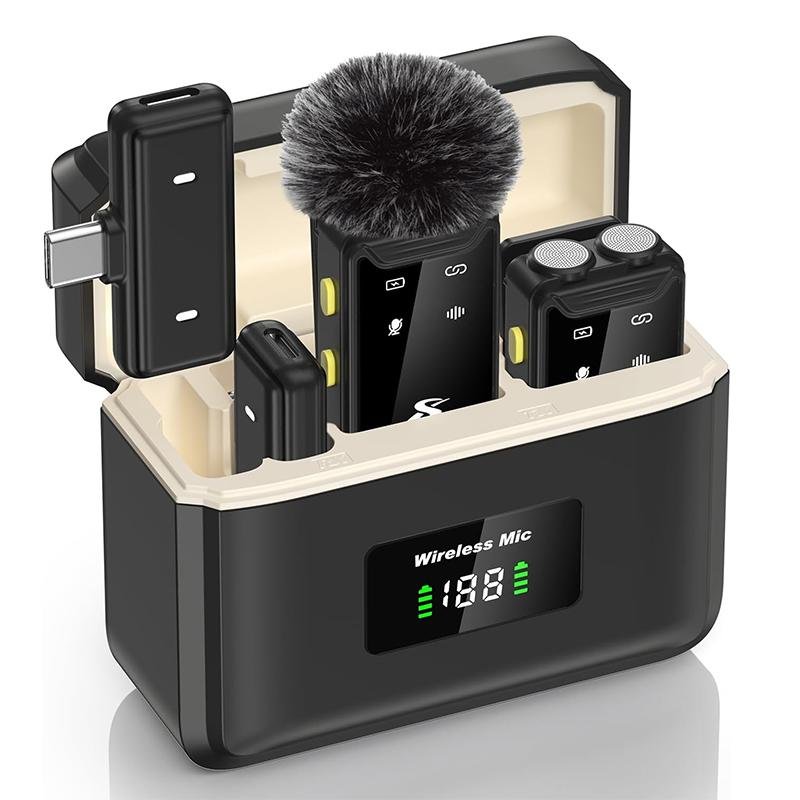 Portable Wireless Microphone for iPad iPhone and Android(Lightning/USB C), Dual Microphones Mini Microphone for Video Recording