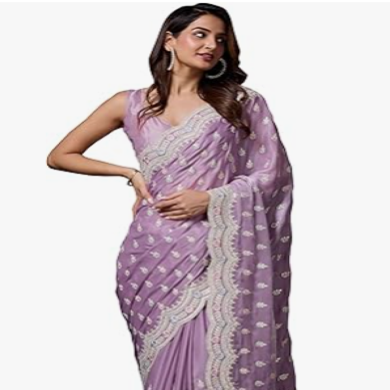 TRENDMALLS Women's Satin Embroidery work Saree with Unstitch Blouse Piece (K1101-Purple-)