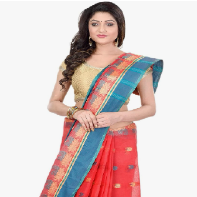 Women`s Traditional Bengal Tant Lotus Kolka Design Pure Cotton Handloom Saree Without Blouse Piece