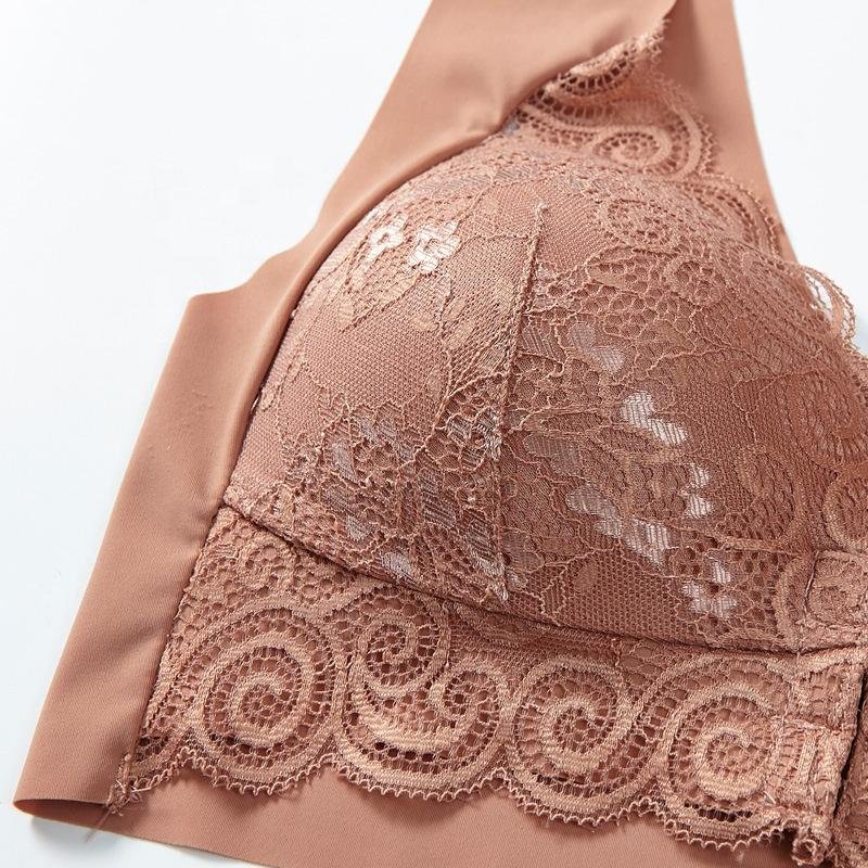 Hot Selling Non Wire Bra Front Buckle Beautiful Back Gather Sexy Lace Large Size Thin Cup Bra for Women