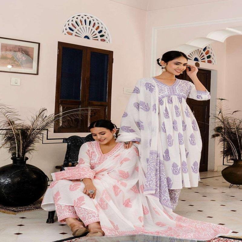 Beautiful White and Pink And Purple Printed Cotton Kurti Set with Dupatta Elegant Kurti Set Best Ethnic Wear for Women